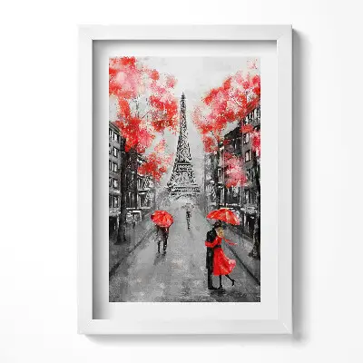 Obraz v ráme Paríž s Eiffelovou vežou a červenými dáždnikmi
