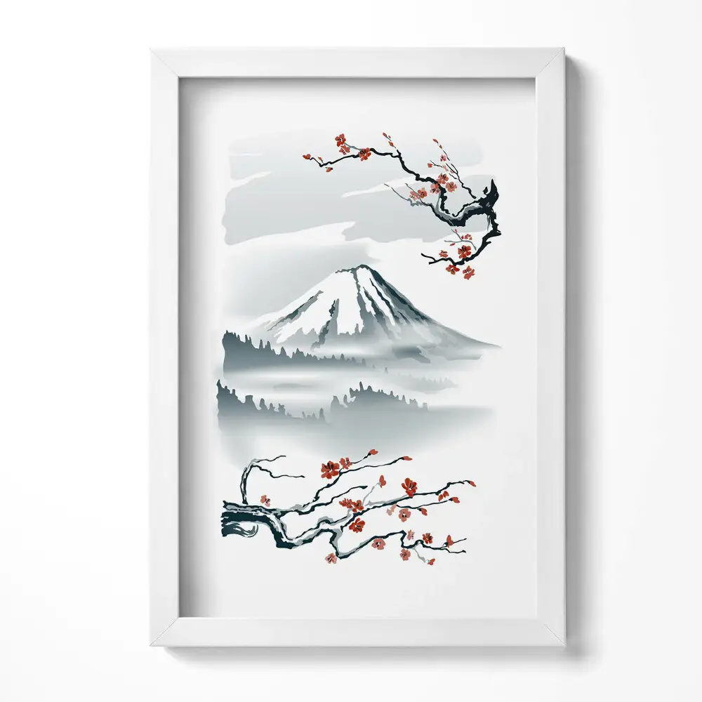 Obraz v ráme Japonská ilustrácia hory Fuji a čerešňových kvetov