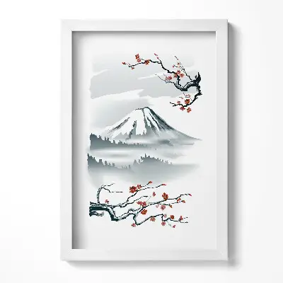Obraz v ráme Japonská ilustrácia hory Fuji a čerešňových kvetov