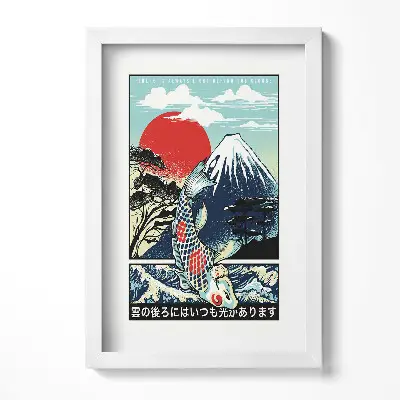 Obraz v ráme Japonská ilustrácia hory Fudži a rýb Koi