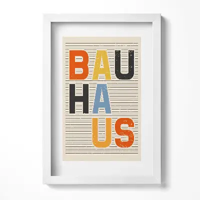 Modernistický obraz v ráme s farebným nápisom Bauhaus