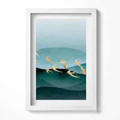 Obraz v ráme s ilustráciou zlatých vtákov na oblohe