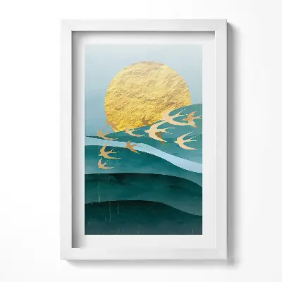 Obraz v ráme s ilustráciou zlatých vtákov na oblohe