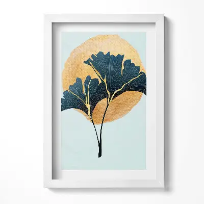 Obraz v ráme s ilustráciou listov ginkga a zlatým slnkom