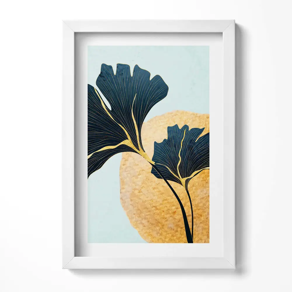 Obraz v ráme s ilustráciou listov ginkga a zlatým slnkom