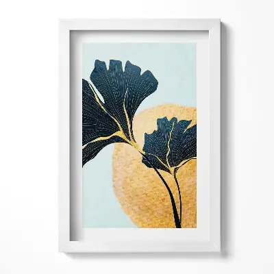 Obraz v ráme s ilustráciou listov ginkga a zlatým slnkom