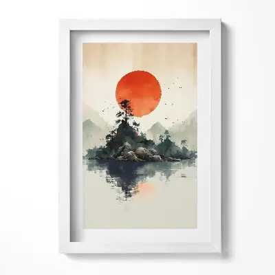 Obraz v ráme Japonská ilustrácia slnka nad skalami a stromami