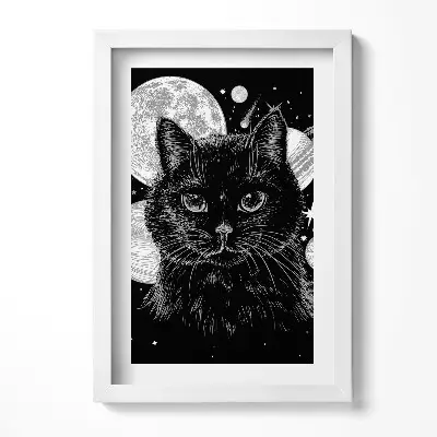 Obraz v ráme Magická čierna mačka a vesmír