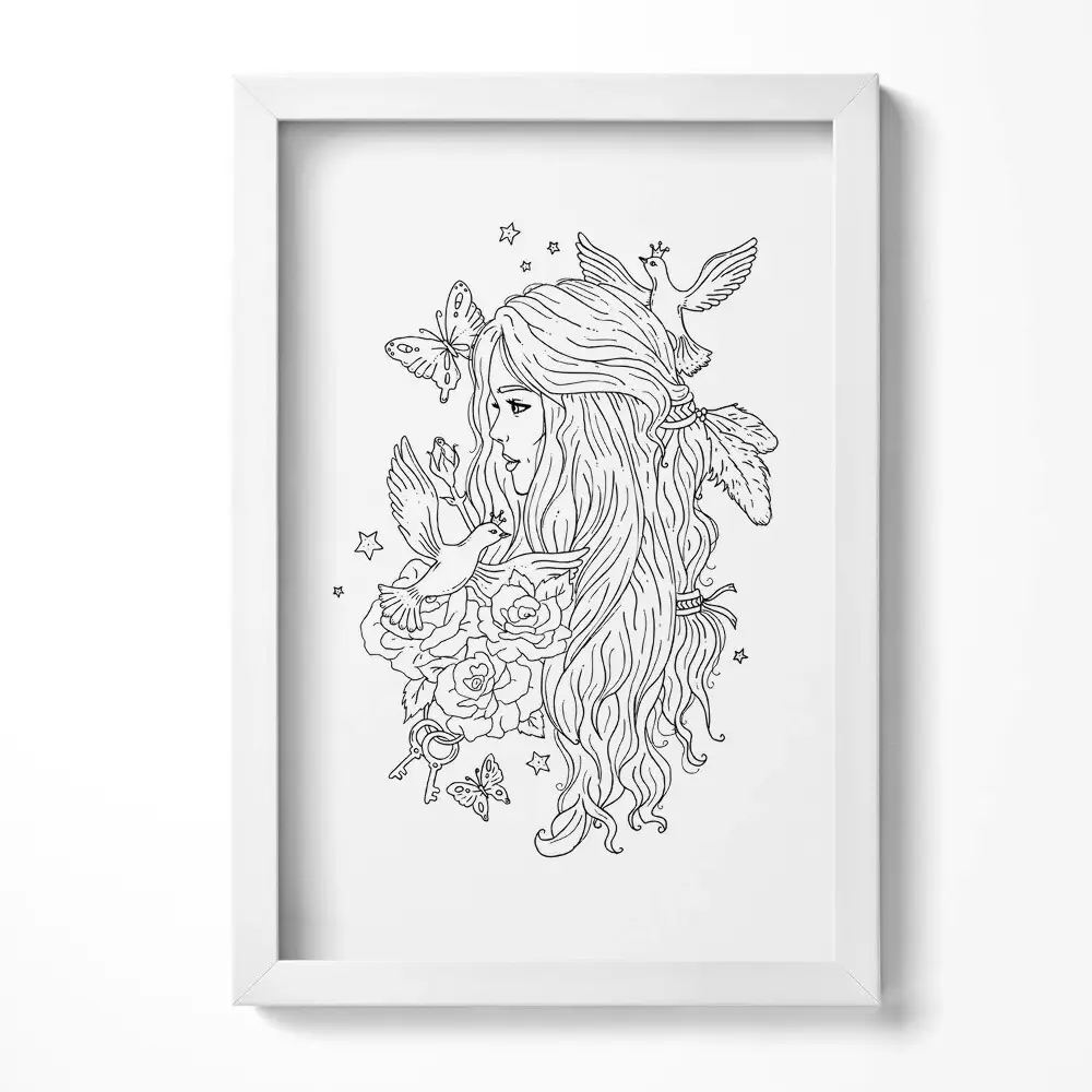 Obraz v ráme s ilustráciou dievčaťa v štýle čiarovej grafiky