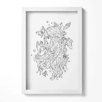 Obraz v ráme s ilustráciou dievčaťa v štýle čiarovej grafiky