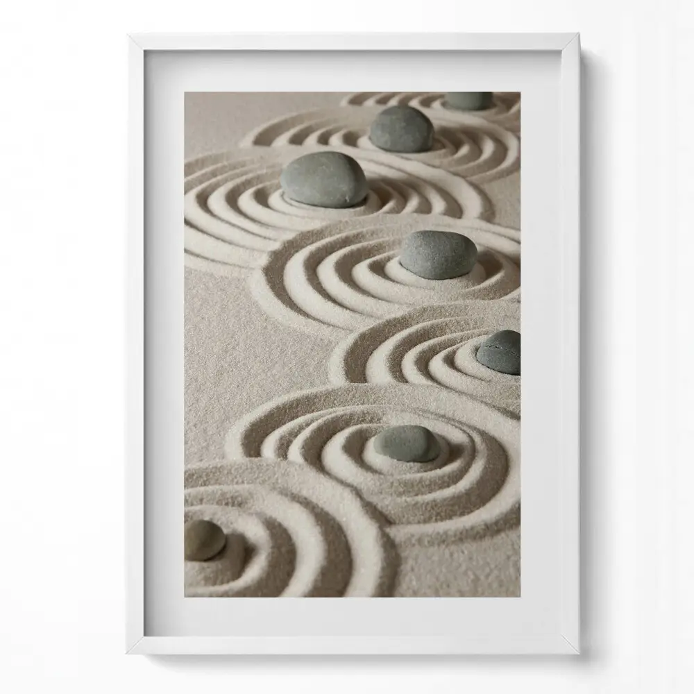 Obraz v ráme Zen s motívom kameňov na pieskových kruhoch