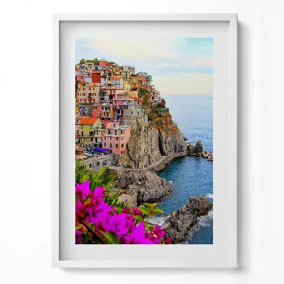 Obraz v ráme Kvety a pobrežie Cinque Terre v Taliansku