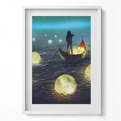 Obraz na stenu v ráme s ilustráciou lodí a mesiacov