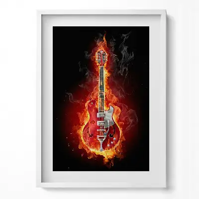 Obraz v ráme Horiaca červená elektrická gitara