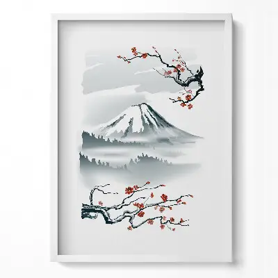 Obraz v ráme Japonská ilustrácia hory Fudži a čerešňových kvetov