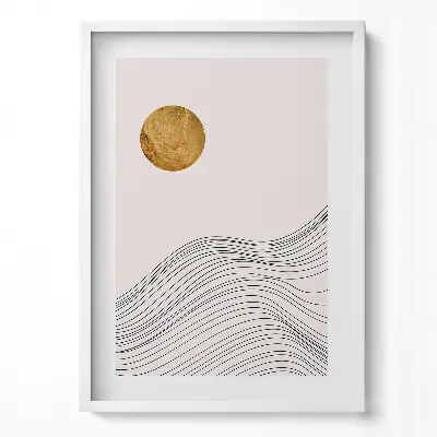 Obraz v ráme s abstraktnými minimalistickými tvarmi v boho štýle so zlatými prvkami