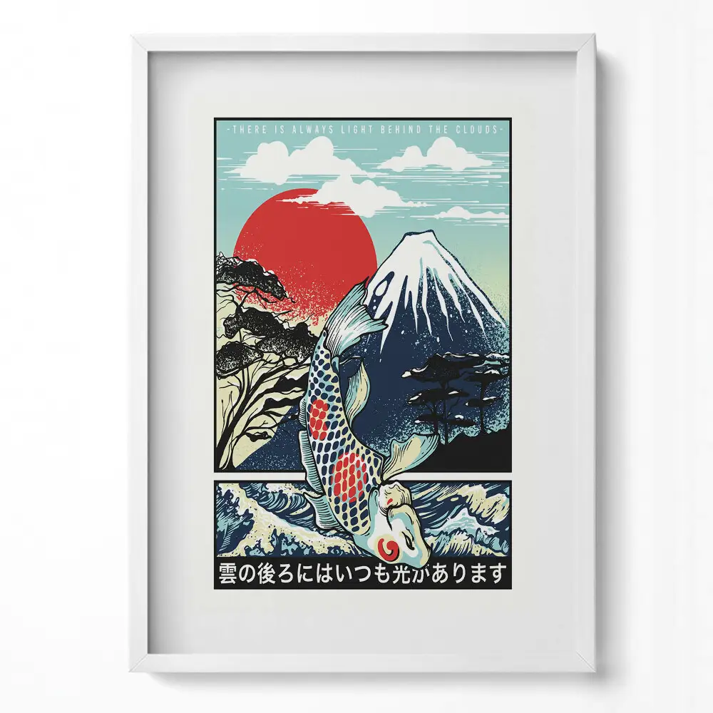 Obraz v ráme Japonská ilustrácia hory Fudži a rýb Koi