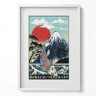 Obraz v ráme Japonská ilustrácia hory Fudži a rýb Koi