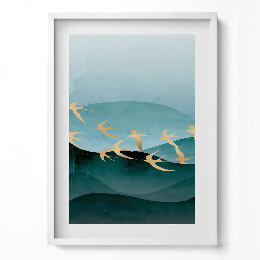 Obraz v ráme s ilustráciou zlatých vtákov na oblohe