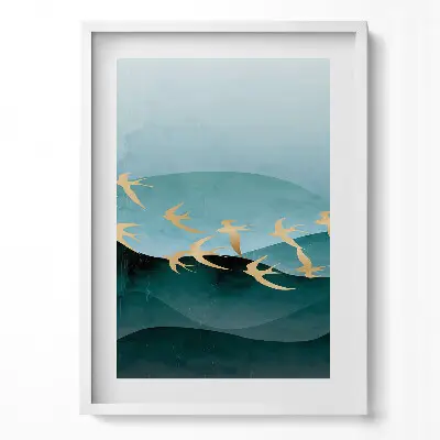Obraz v ráme s ilustráciou zlatých vtákov na oblohe