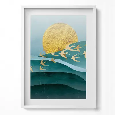 Obraz v ráme s ilustráciou zlatých vtákov na oblohe