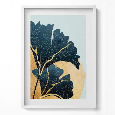 Obraz v ráme s ilustráciou listov ginkga a zlatého slnka