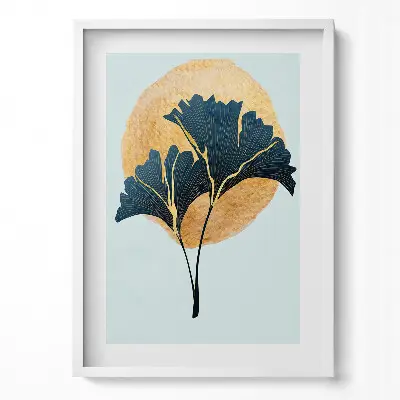 Obraz v ráme s ilustráciou listov ginkga a zlatého slnka