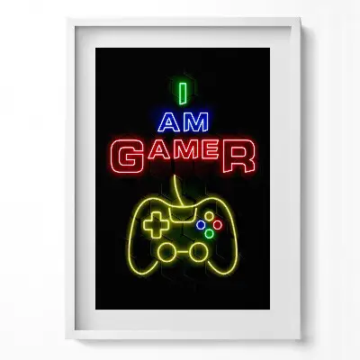 Obraz v ráme s neónovým nápisom pre hráča I am gamer