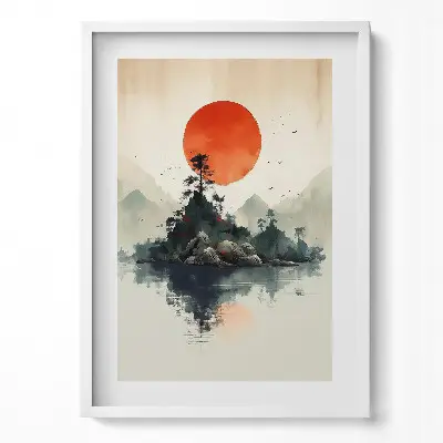 Obraz v ráme Japonská ilustrácia slnka nad skalami a stromami