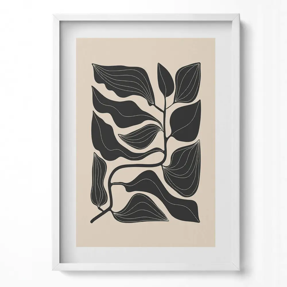 Minimalistický obraz v ráme s ilustráciou listov rastlín