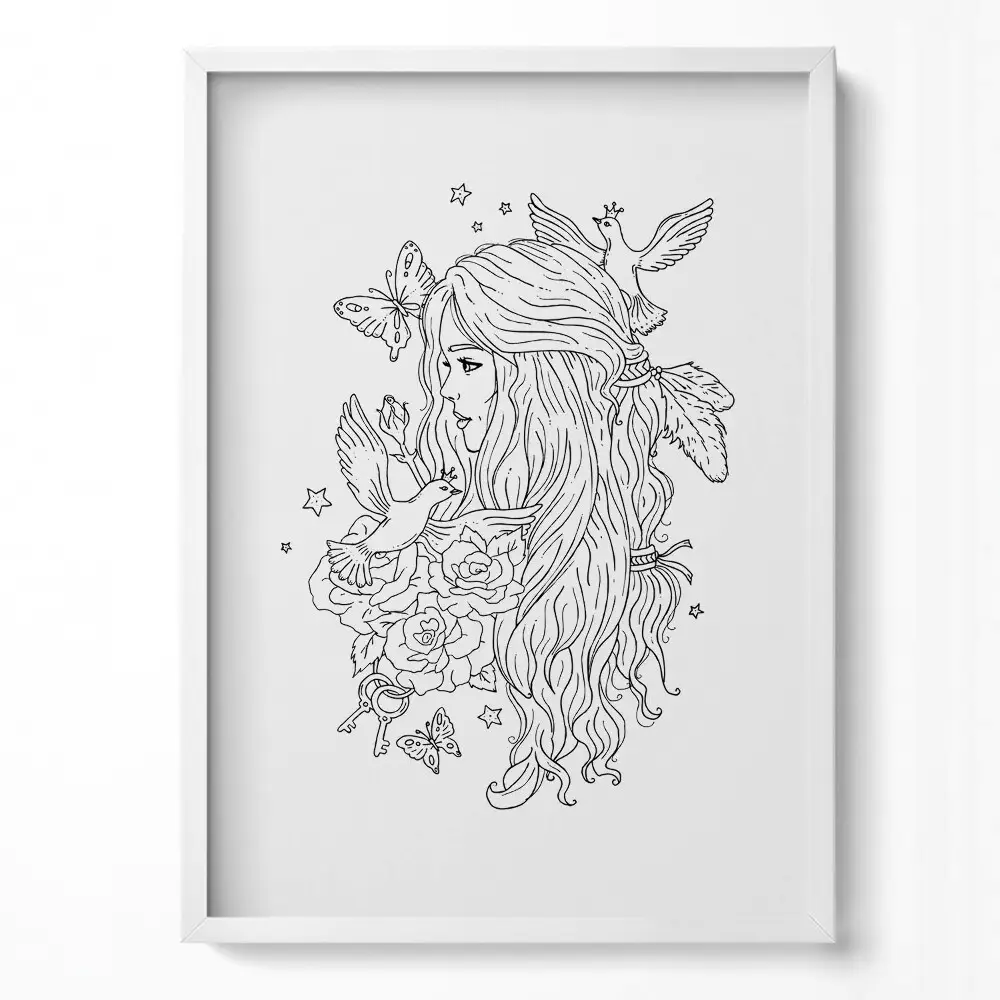 Obraz v ráme s ilustráciou čiarovej grafiky dievčaťa