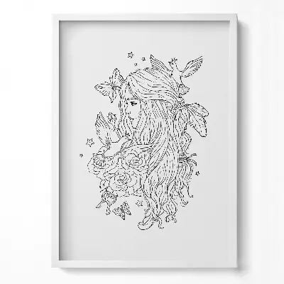 Obraz v ráme s ilustráciou čiarovej grafiky dievčaťa