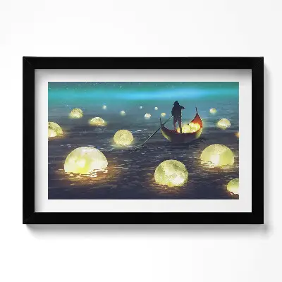 Obraz v ráme s ilustráciou lodí a mesiacov