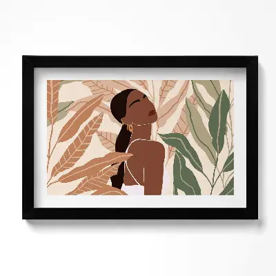 Obraz v ráme s ilustráciou ženy medzi listami v boho štýle