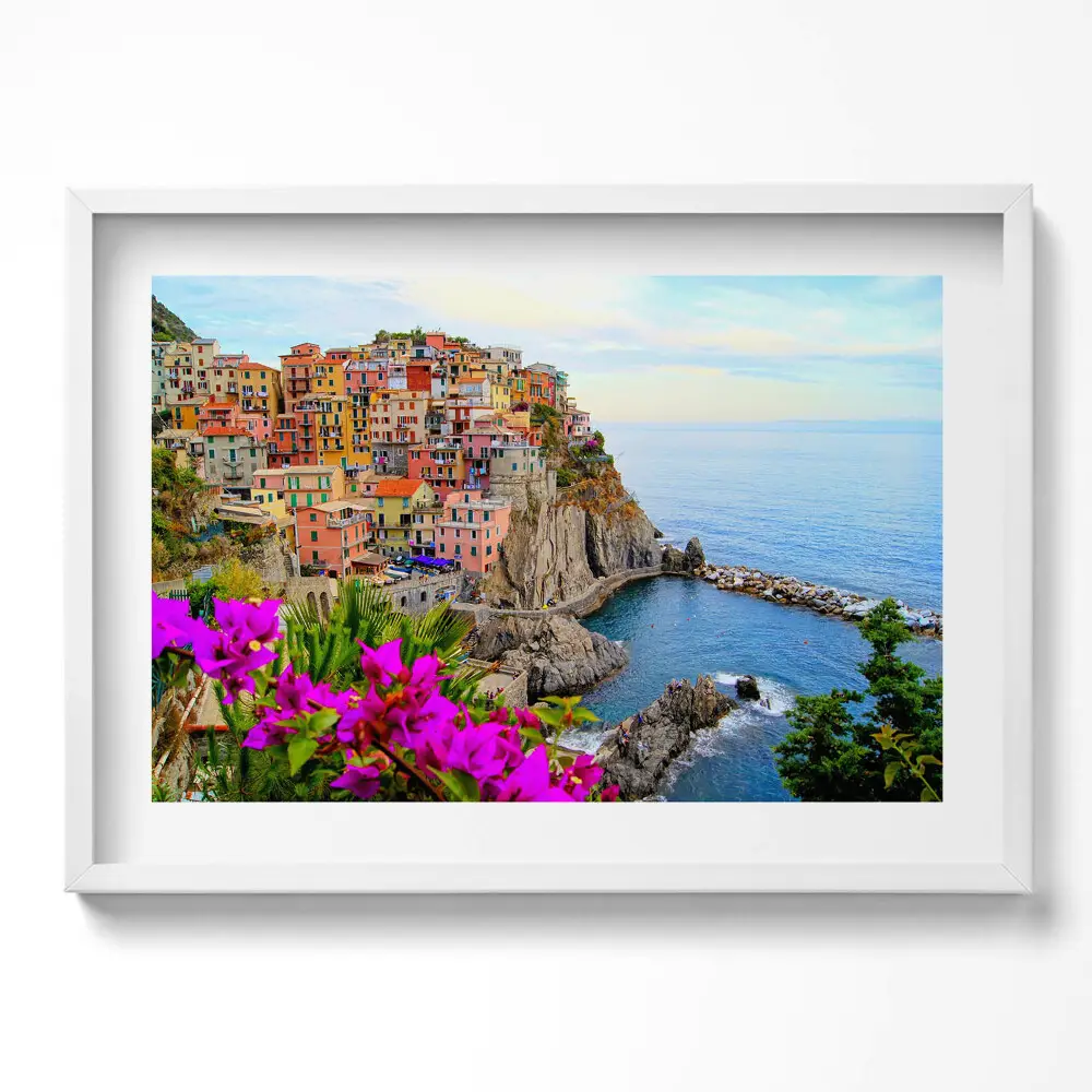 Obraz v ráme Kvety a pobrežie Cinque Terre v Taliansku