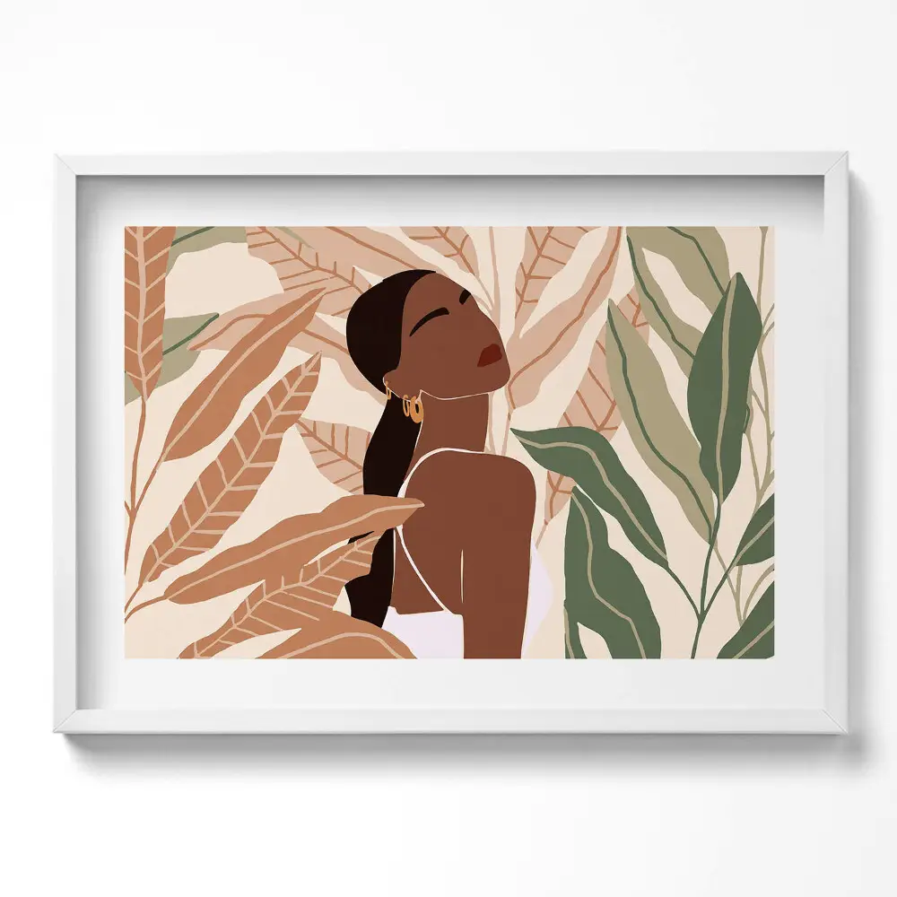 Obraz v ráme s ilustráciou ženy medzi listami v boho štýle