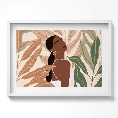 Obraz v ráme s ilustráciou ženy medzi listami v boho štýle
