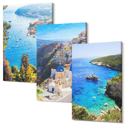 Sada 3 obrazov Výhľad na grécke pobrežie a mesto Oia na Santorini