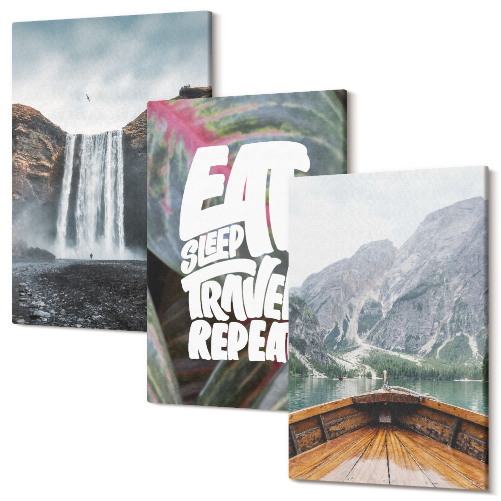 Sada obrazov na stenu triptych Vodopád hory cestovať prírodnou loďou a vegetáciou