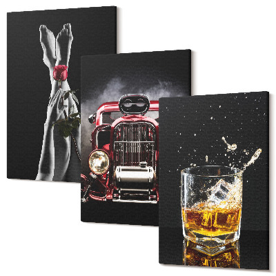 Sada 3 obrazov Ženské nohy s ružou, staré auto, pohár whisky