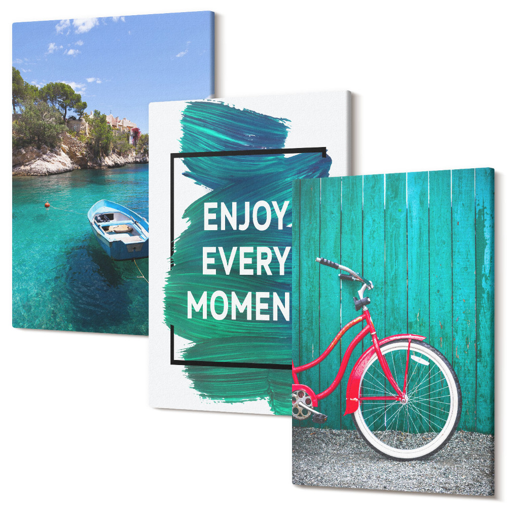 Sada obrazov na stenu triptych Výhľad na more s inšpiratívnym nápisom na lodiskom bicykli