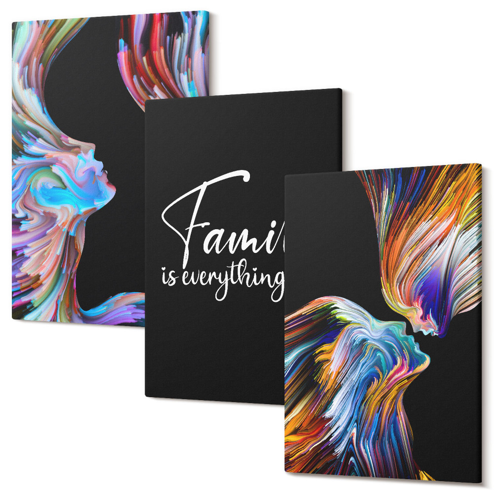 Sada 3 obrazov Portréty ľudí vo farebných vzoroch a nápis o rodine