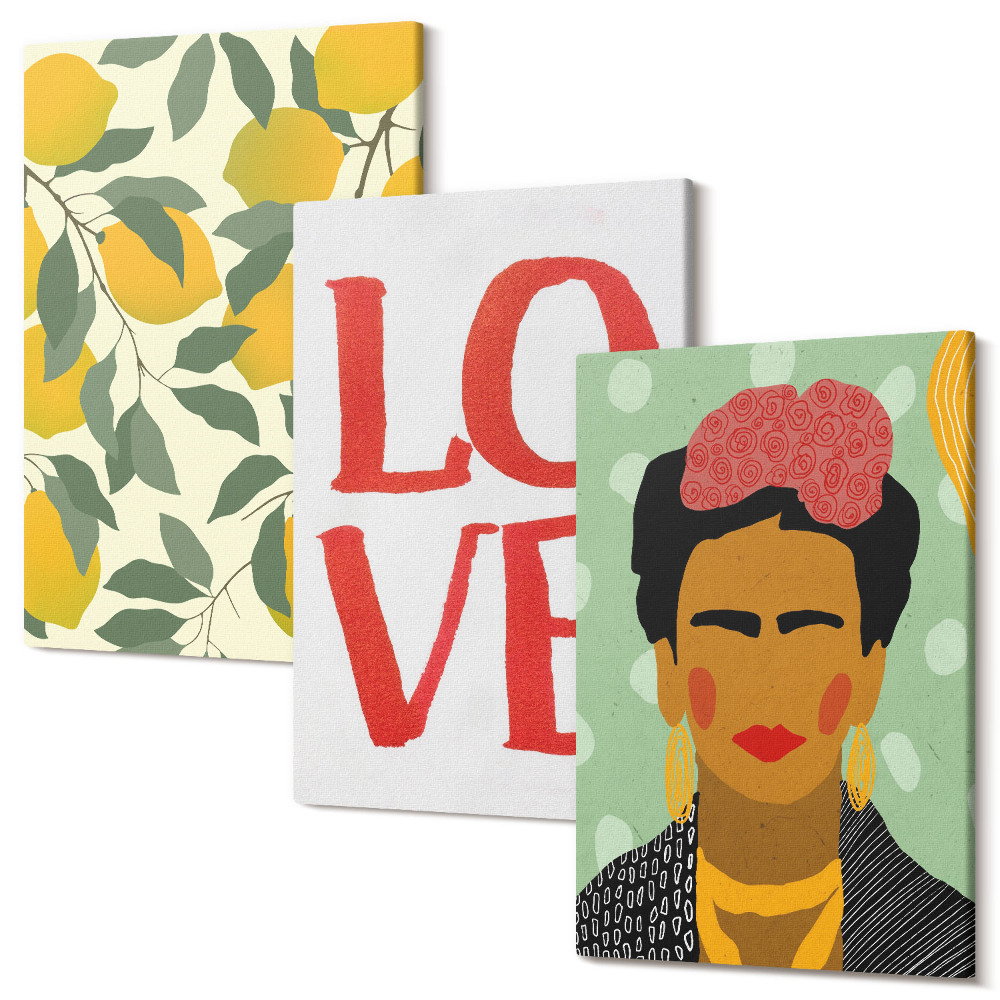 Sada 3 obrazov Citrónky s nápisom LOVE maľovaný portrét Fridy Kahlo