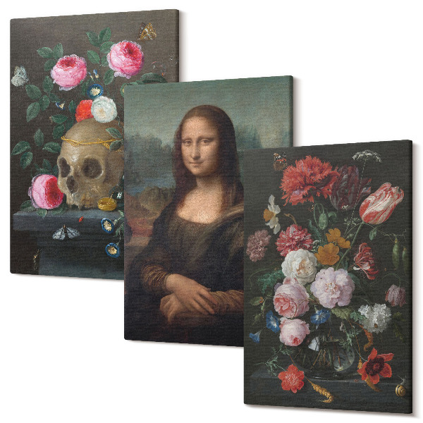 Sada obrazov triptych Vintage Flowers Lebka a portrét Mony Lisy od Leonarda da Vinciho