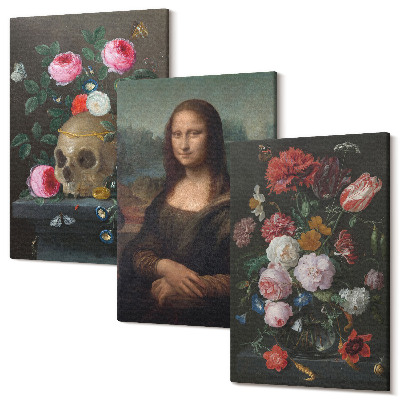 Sada obrazov triptych Vintage Flowers Lebka a portrét Mony Lisy od Leonarda da Vinciho
