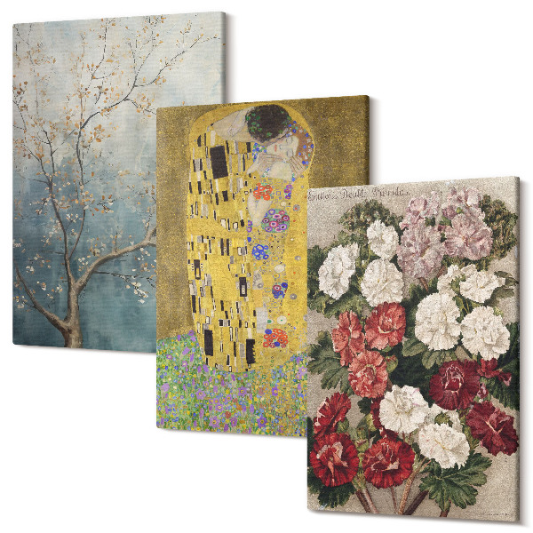 Sada obrazov triptych Kvety a stromy v maliarskom štýle The Kiss od Gustava Klimta