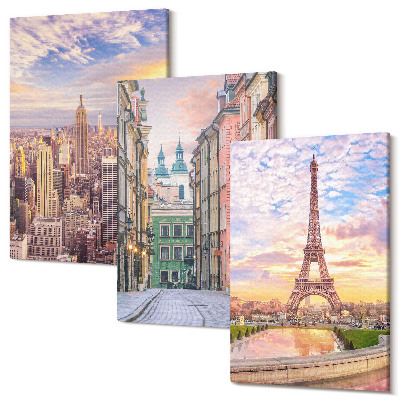 Sada obrazov na stenu triptych Pohľad na mestá New York, Paríž a Varšava za súmraku