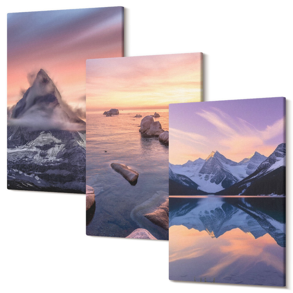 Sada 3 obrazov Krajiny hôr, jazier a západov slnka