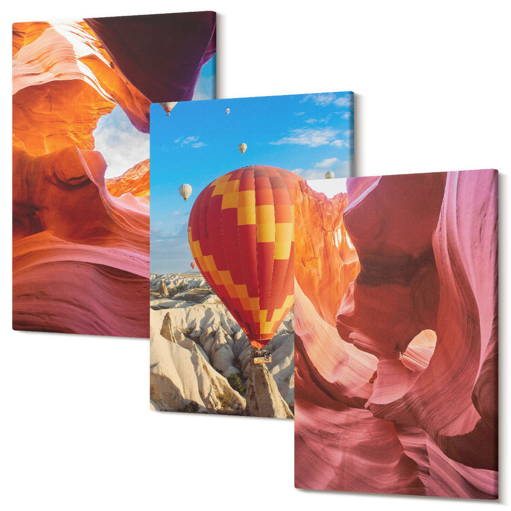 Sada 3 obrazov Krajiny púštnych roklín a let balónom