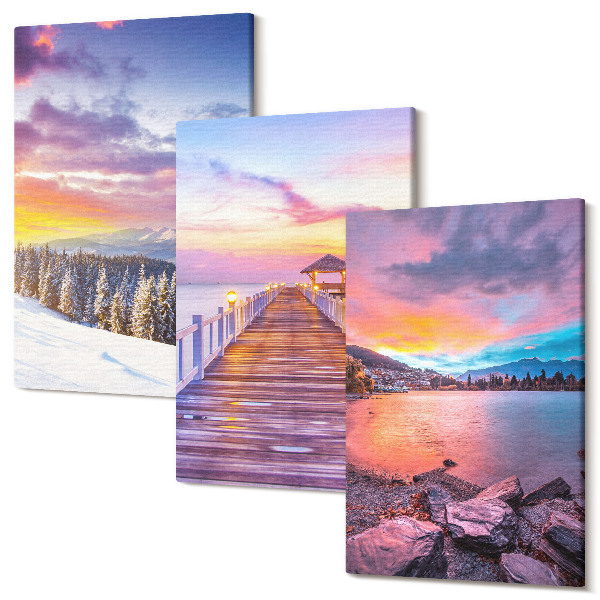 Sada obrazov triptych Zimná horská krajina s mólom na jazere